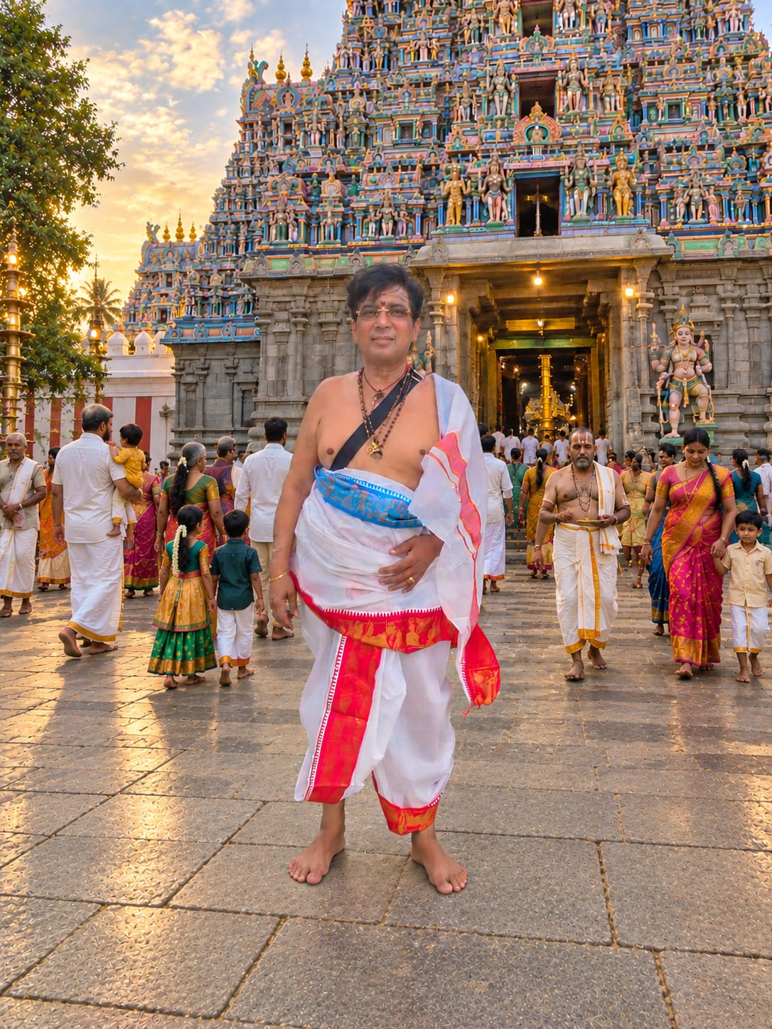 Ravichandran, founder of Second Innings Circle, in a white veshti and angavastram standing in front of a temple gopuram
